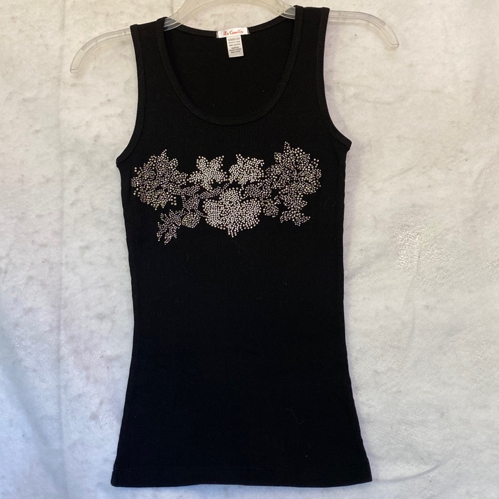 Black Tank Top Rhinestone Floral Design